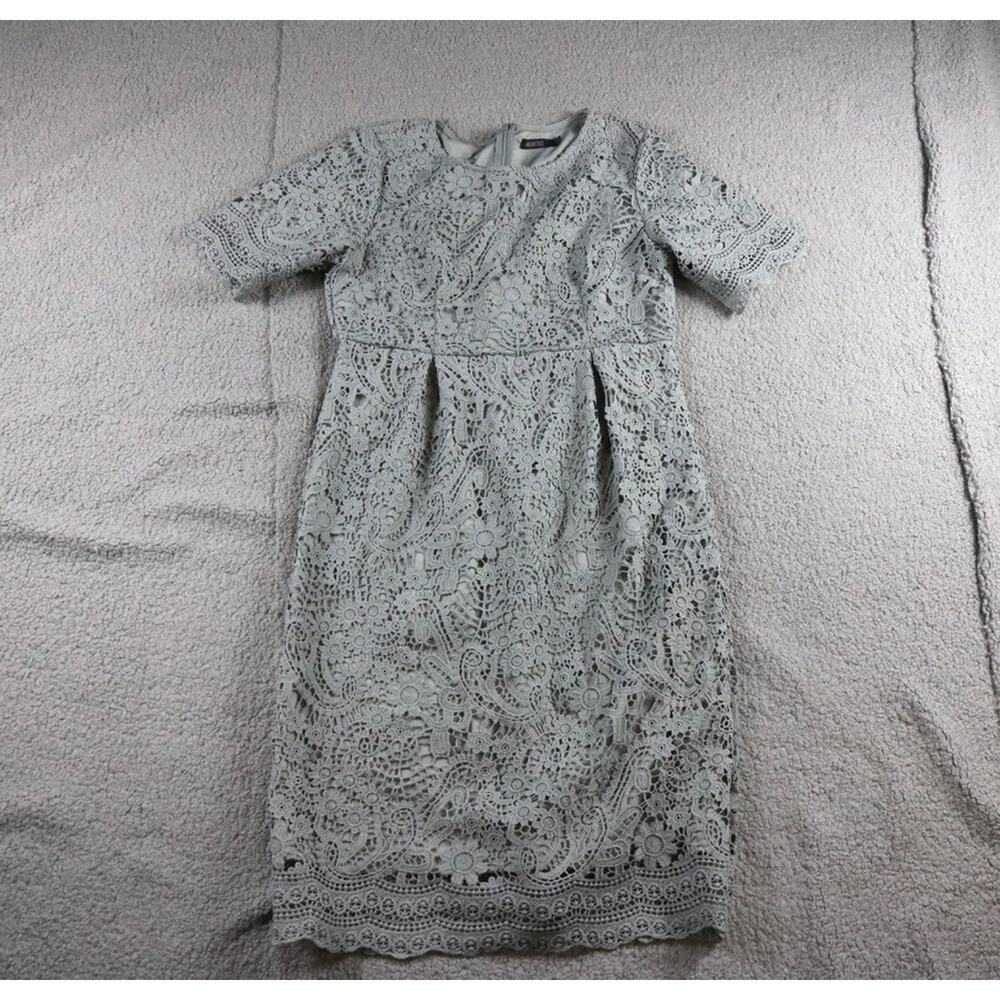 Mikarose Mika Rose Dress M Gray Floral Crochet Zip Short Sleeve Sheath Pencil